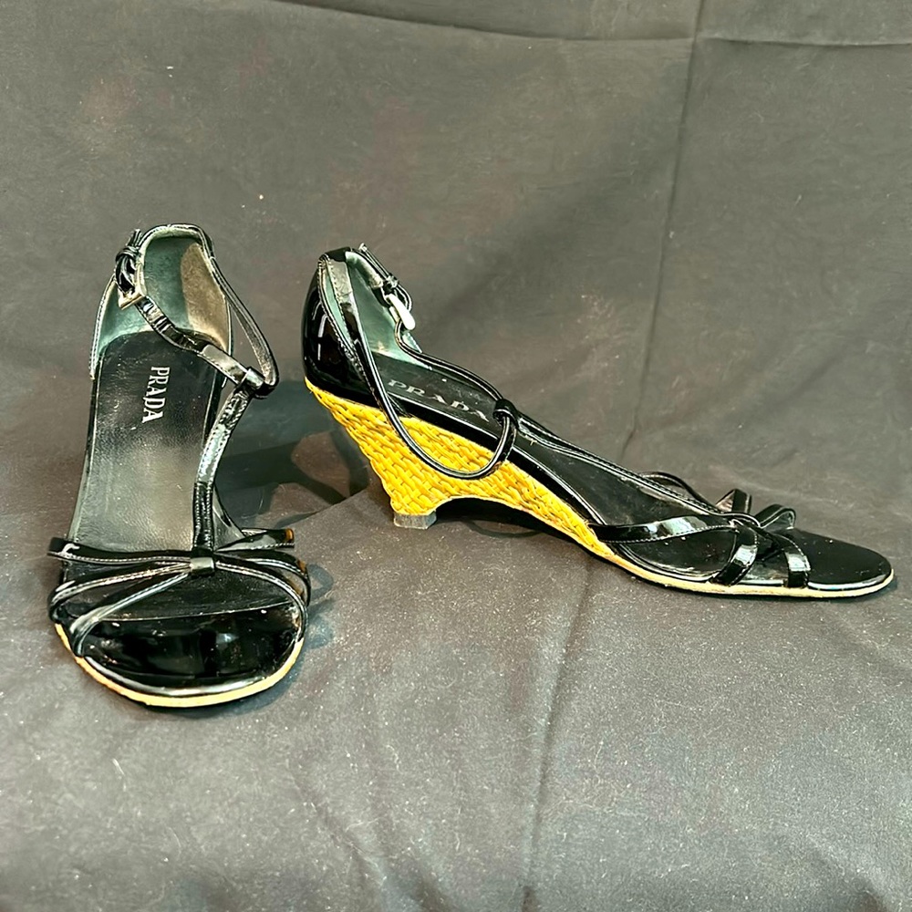 Prada Black Patent Rafia Woven Wedge Ankle 37.5